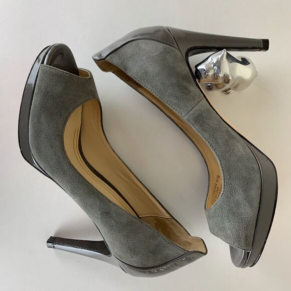 Cole Haan Nike Air‎ Grey Suede/Patent Leather Peep-Toe Platform Heels Sz 4.5 - Picture 1 of 6